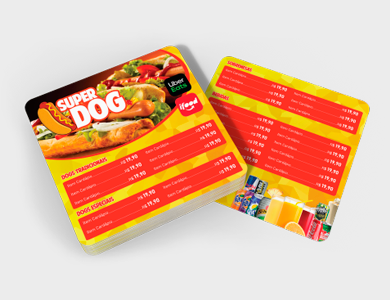 Cardápio com 2 Páginas (1 Folha) em PVC 0,5mm Cristal Frente e Verso 14,4x14,4cm - 4x4 - 50 unid